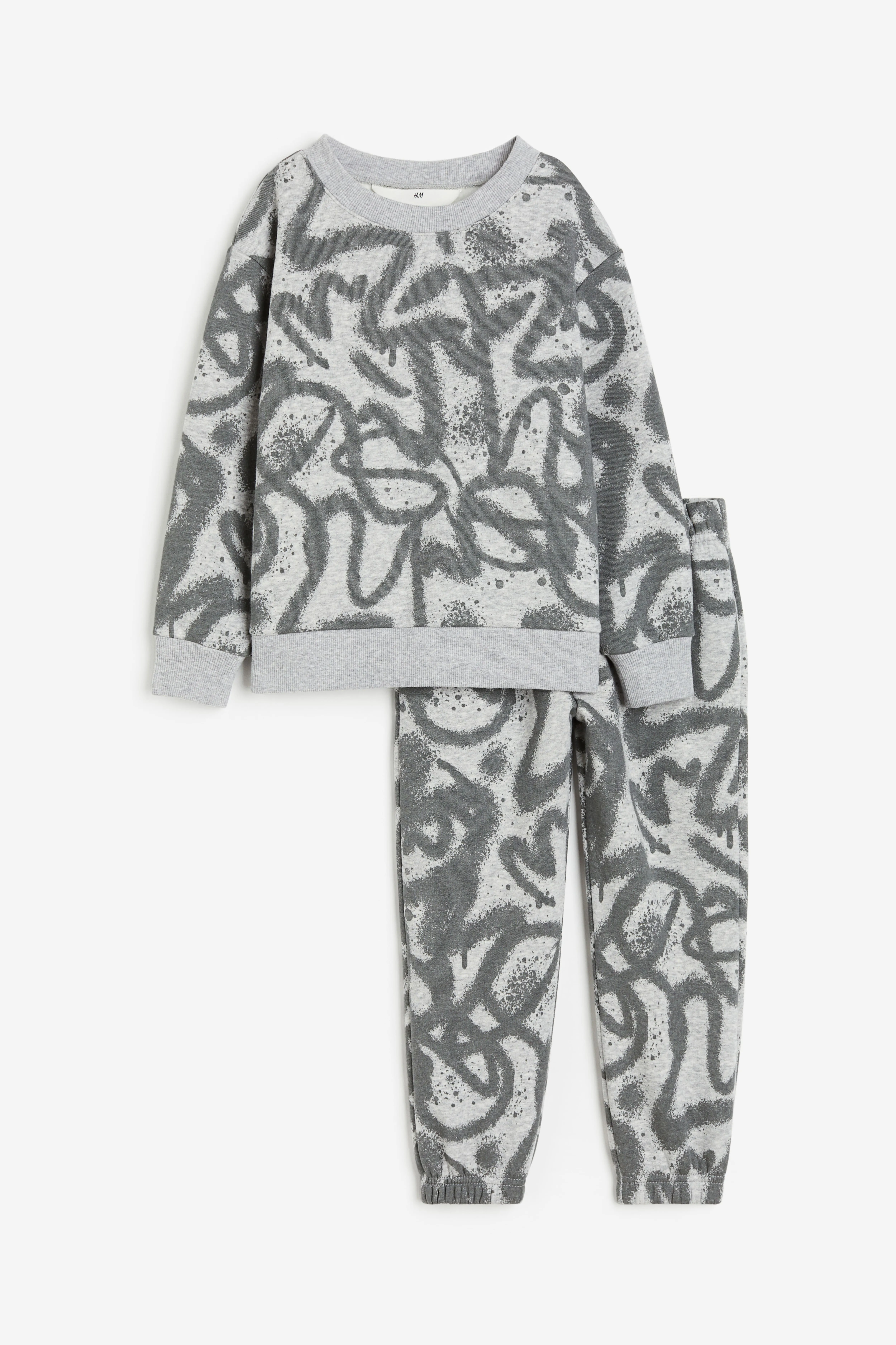 2-piece sweatshirt and joggers set - Regular waist - Round neck - Light grey/Patterned - Kids | H&M GB