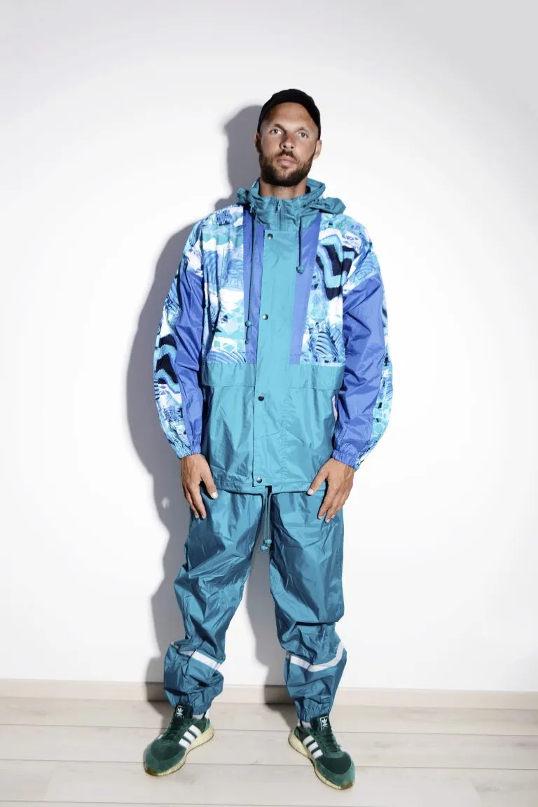 80s vintage festival abstract nylon hooded tracksuit set for men