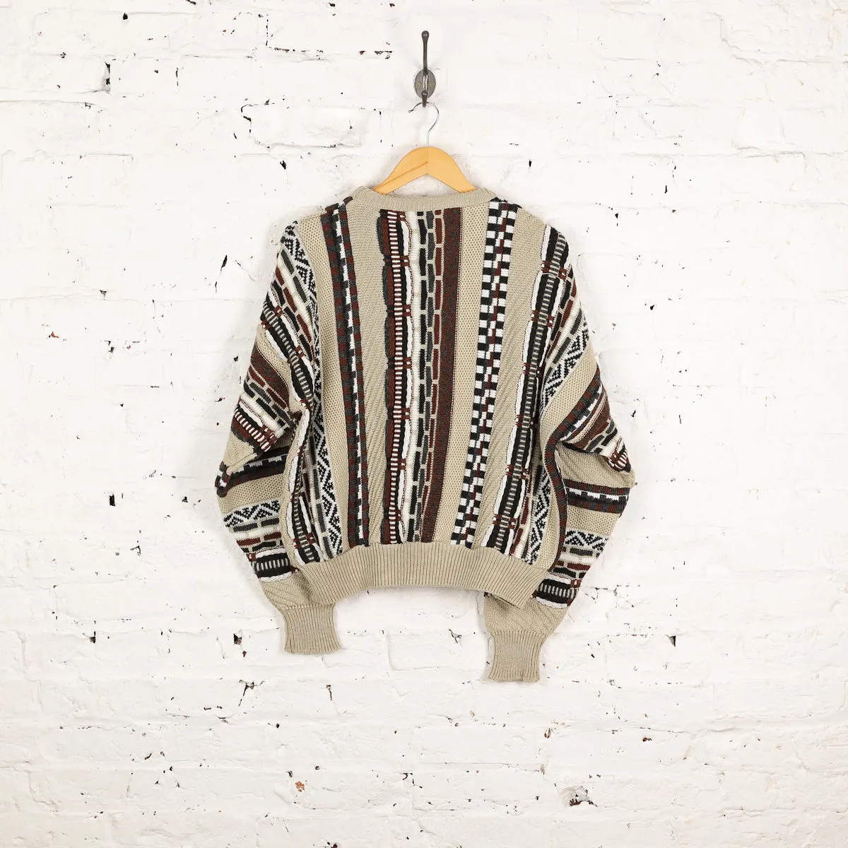 90s Texture Knit Pattern Jumper - Beige - L