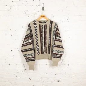 90s Texture Knit Pattern Jumper - Beige - L