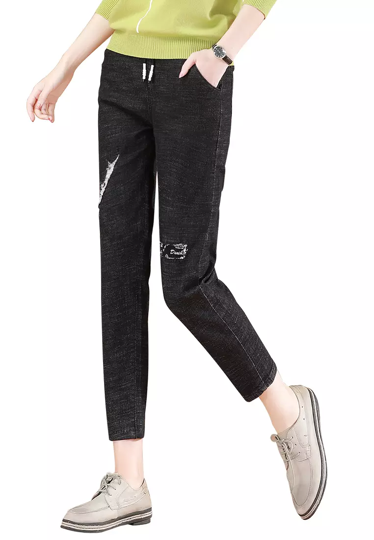 A-IN GIRLS Shredded Stretch Elastic Waist Jeans