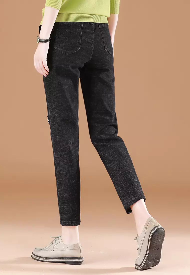 A-IN GIRLS Shredded Stretch Elastic Waist Jeans