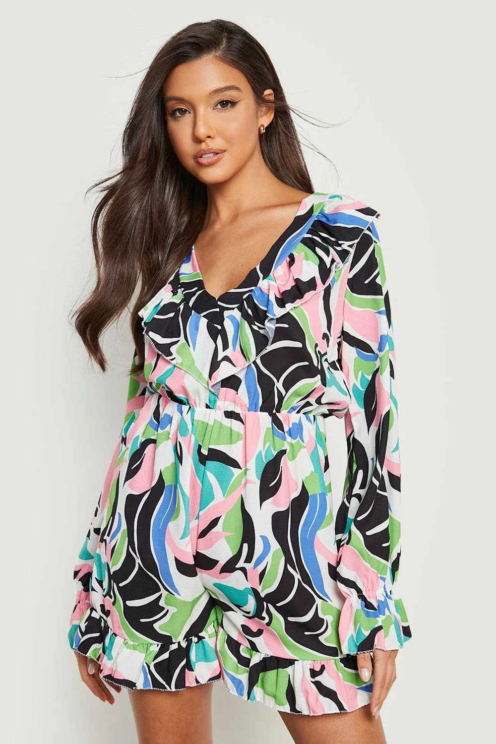 Abstract Frill Detail Woven Romper