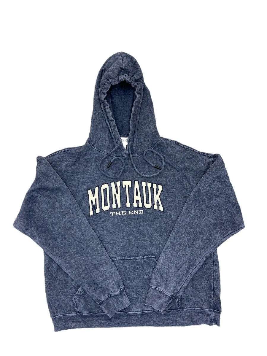 Adult Unisex Hooded Pullover with Embroidered Montauk The End in Denim Blue