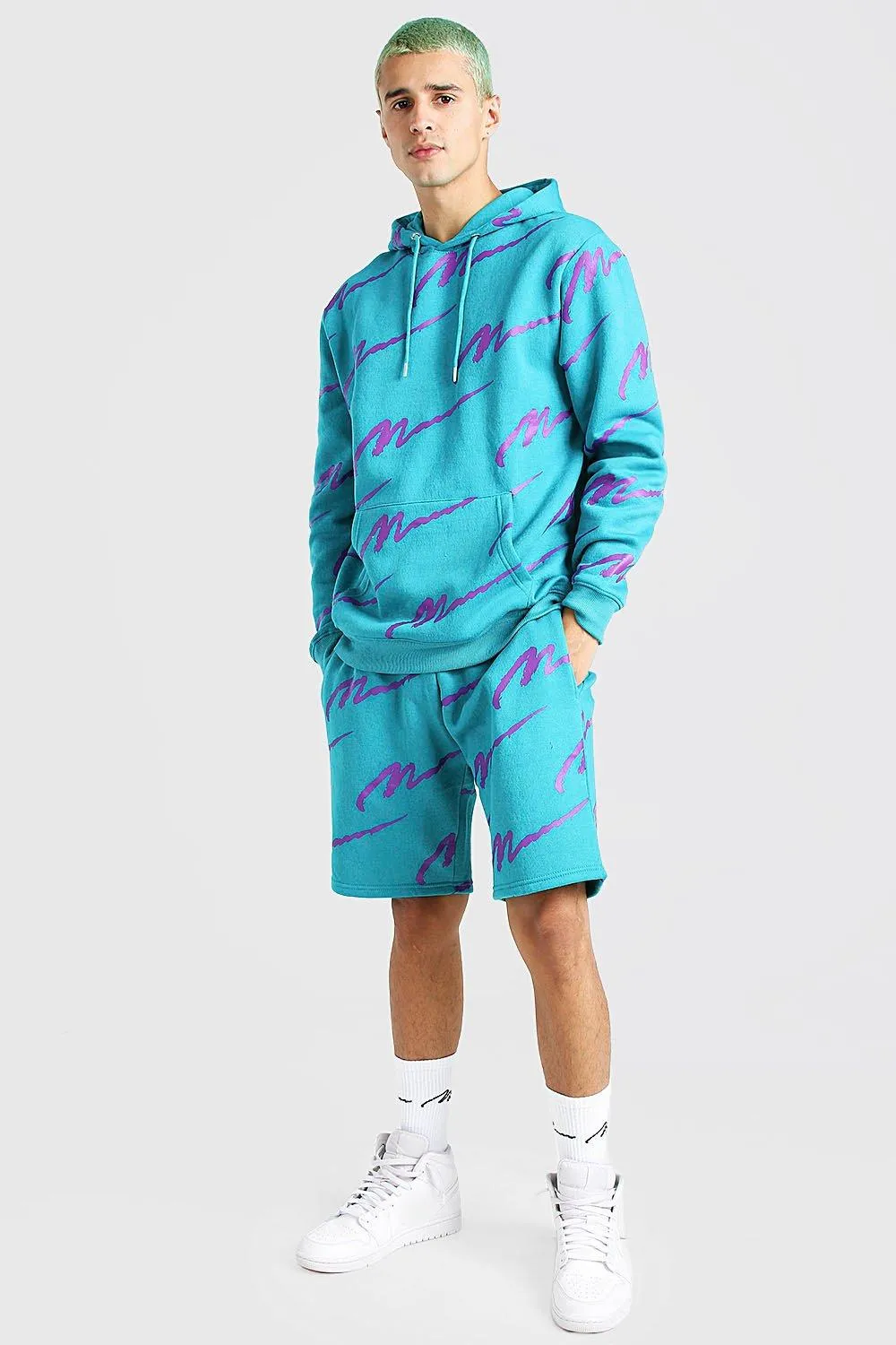 All Over MAN Printed Hooded Short Tracksuit | boohooMAN UK