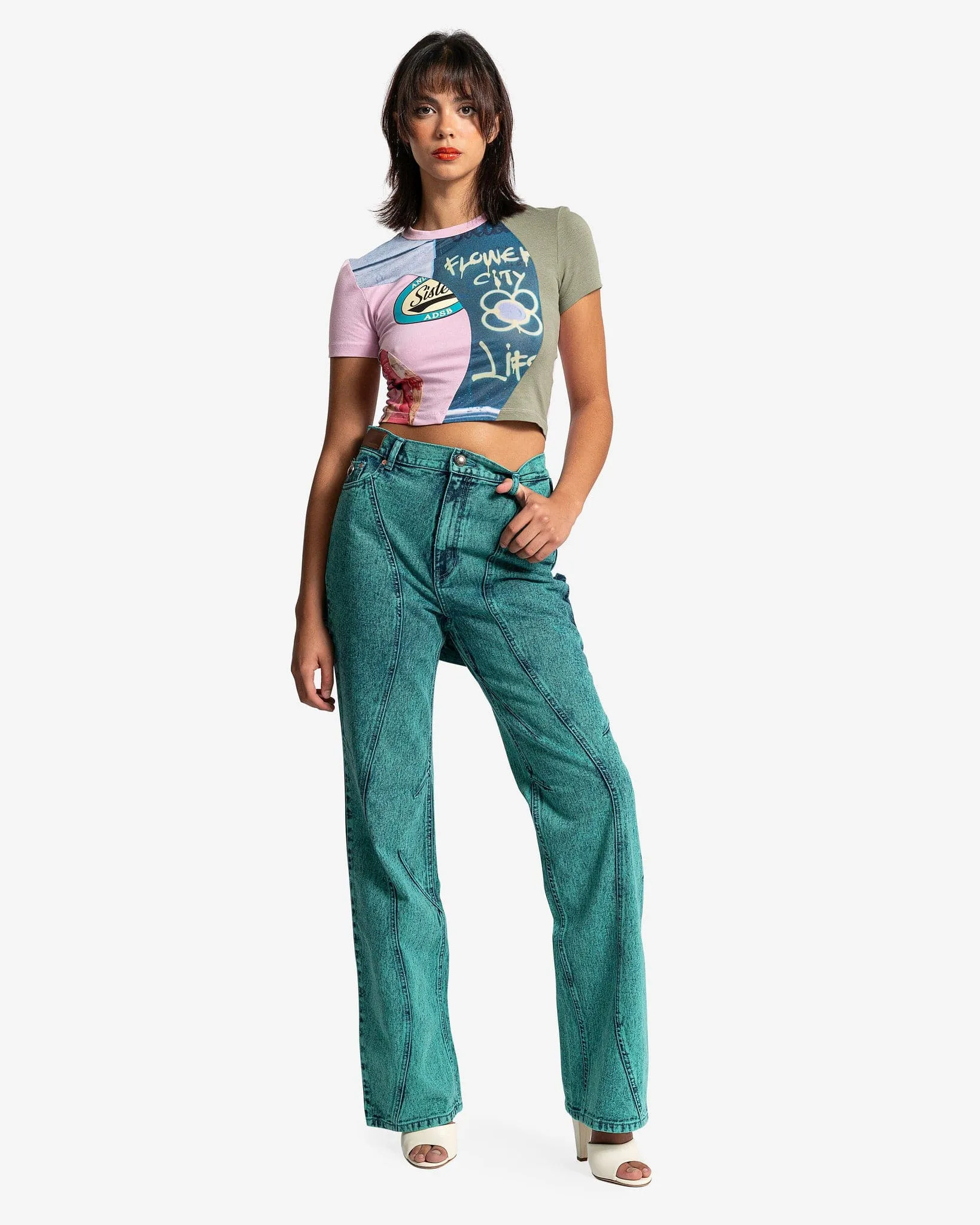 Andersson Bell Women's Glen Overdyed Wrap Straight Leg Jeans in Blue/Green