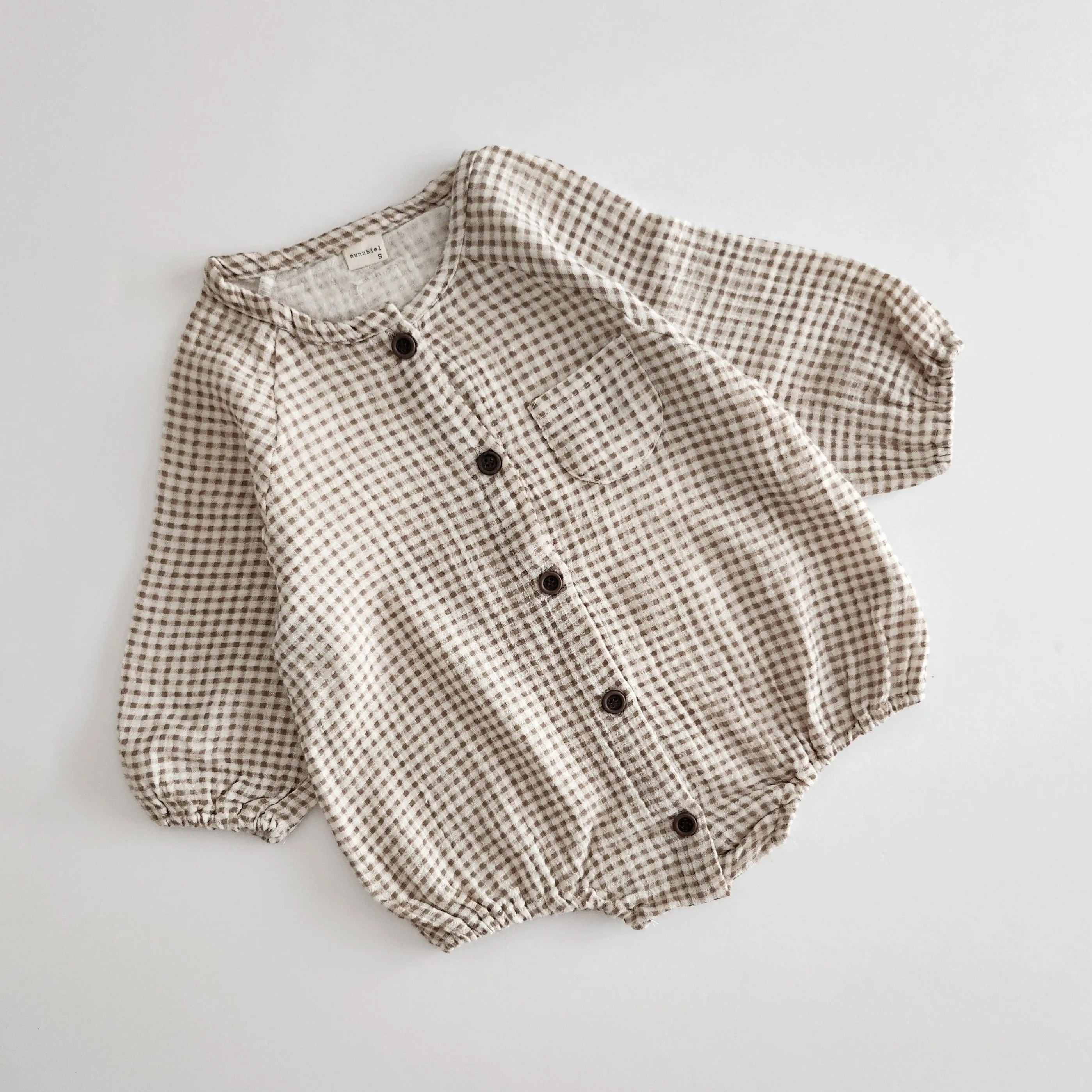 Baby Nunu Gingham Button Romper (3-18m)- Brown