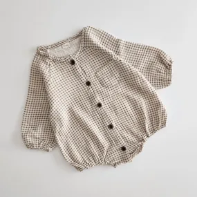 Baby Nunu Gingham Button Romper (3-18m)- Brown