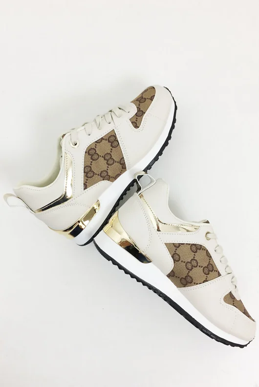 Beige Printed Panel Faux Leather Glitter Trainers