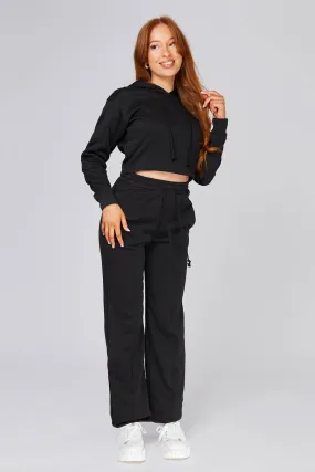 Black Pintuck Hoodie And Wide Leg Joggers Set