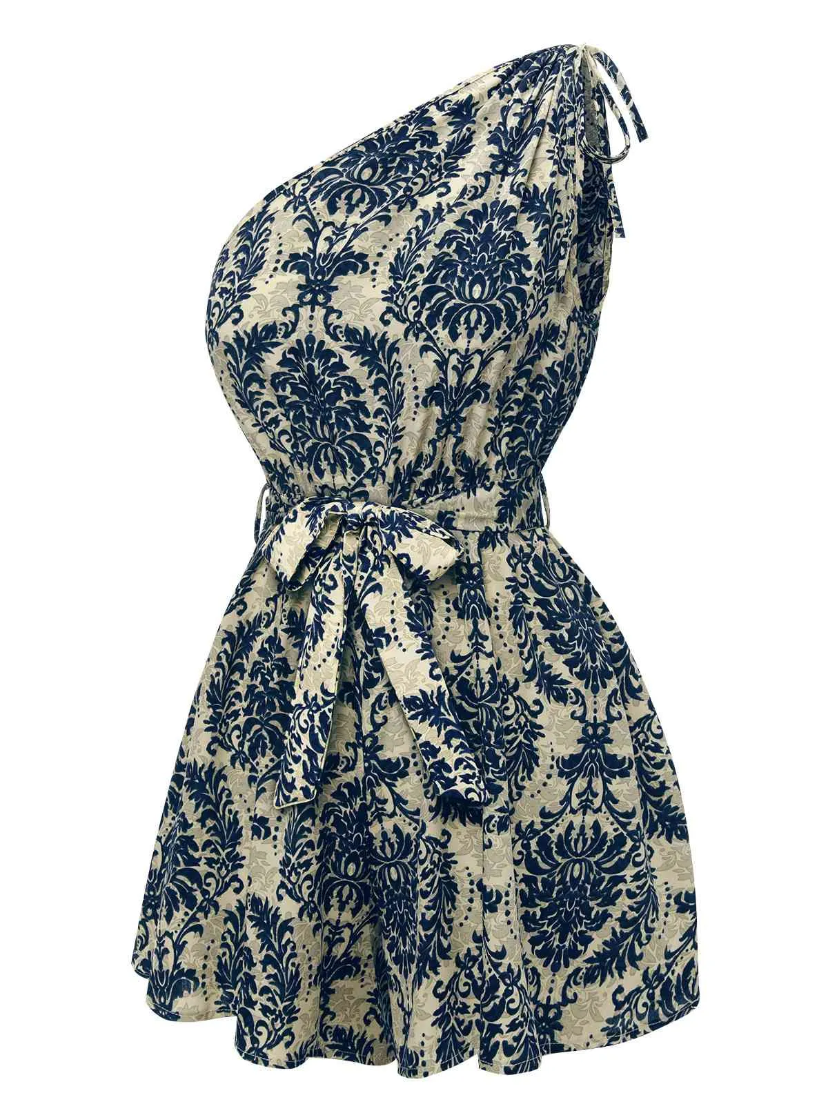 Blue 1950s Floral Print One Shoulder Romper