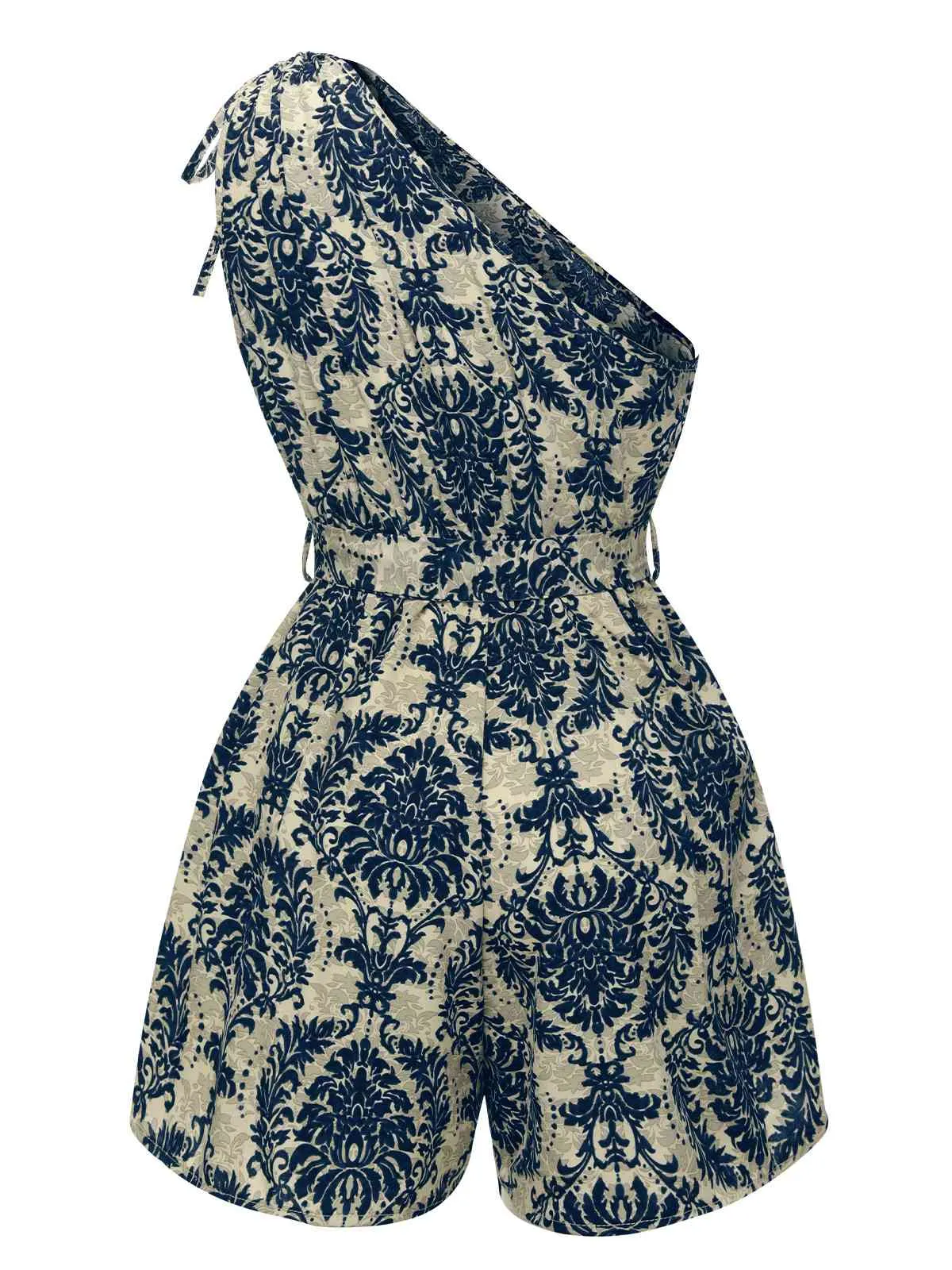 Blue 1950s Floral Print One Shoulder Romper