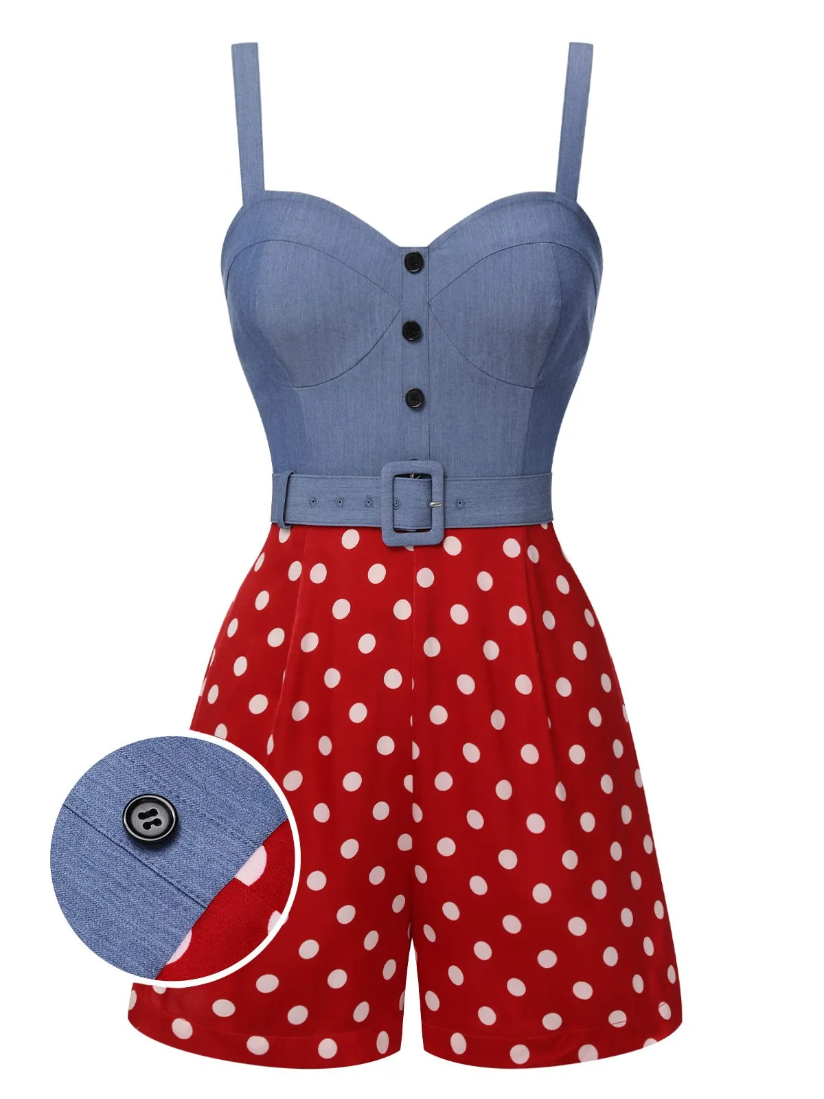 Blue 1960s Polka Dots Spaghetti Straps Romper