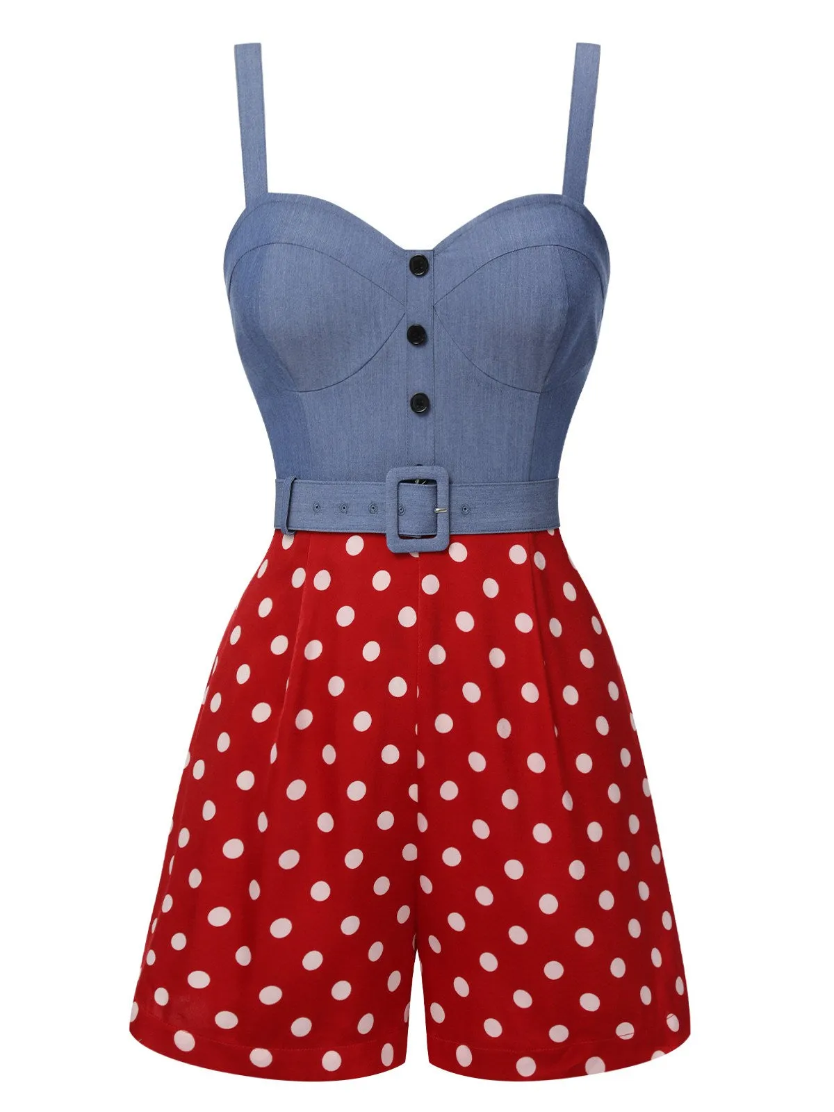 Blue 1960s Polka Dots Spaghetti Straps Romper