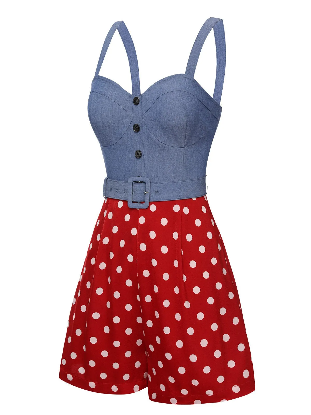 Blue 1960s Polka Dots Spaghetti Straps Romper