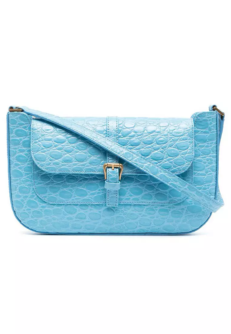 By Far By Far Miranda Circular Croco Embossed Leather Shoulder Bag in Lagoon