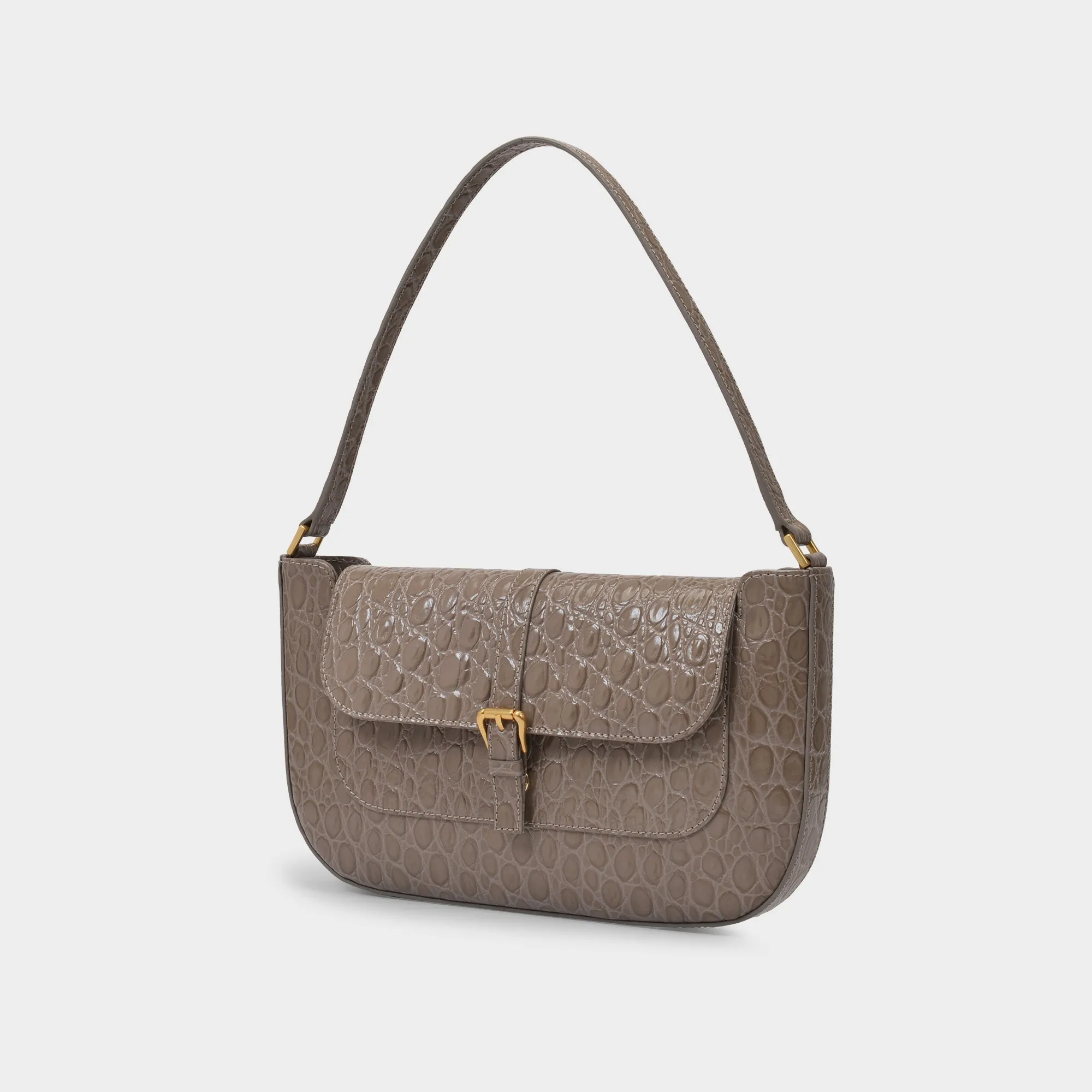 By Far  Miranda Bag in Grey Crocodile Embossed Leather