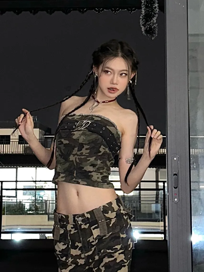 Crista Denim Army Green Camouflage Bandeau Strap Sleeveless Cropped Top