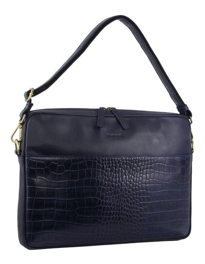 Croc-Embossed Leather Business Computer Bag in Navy