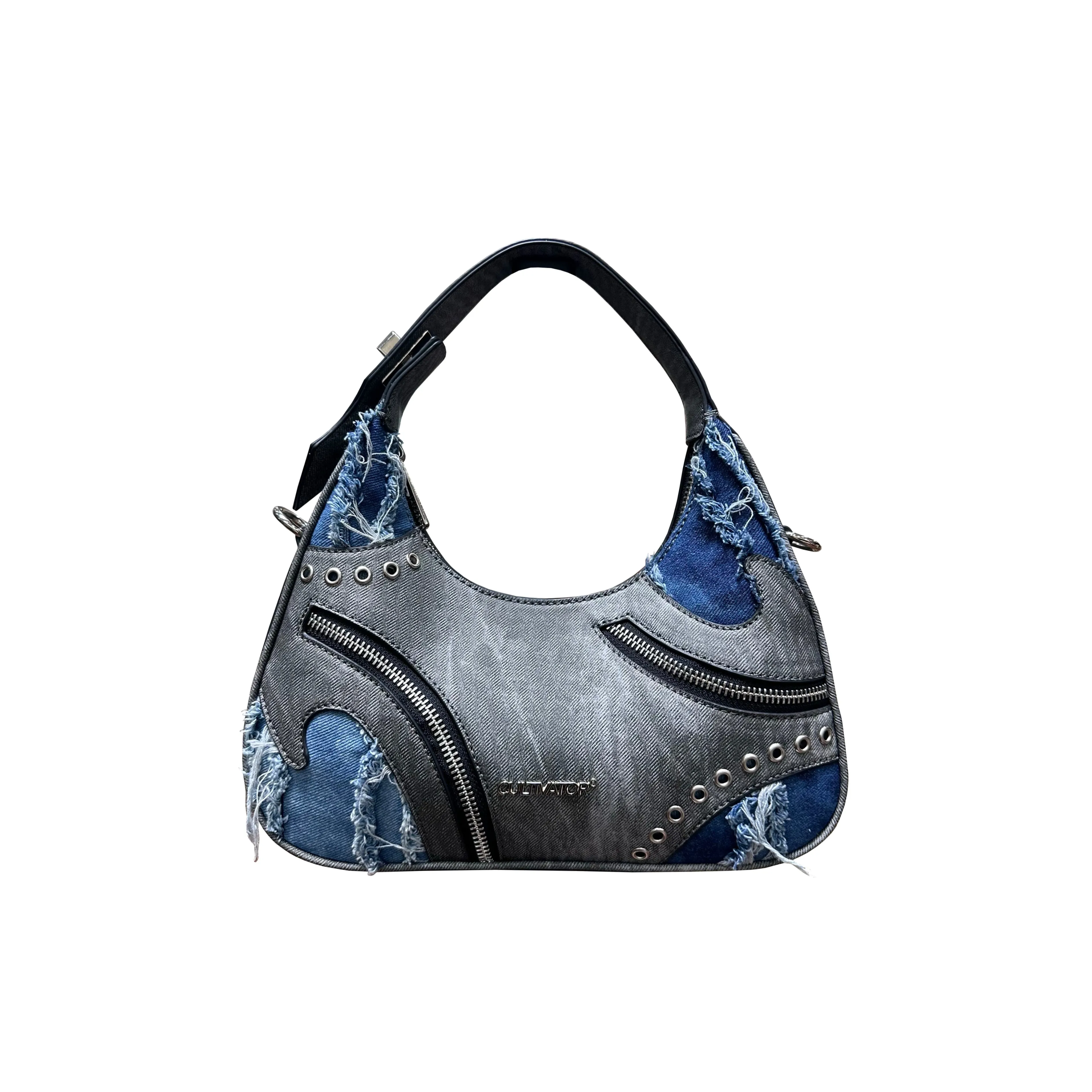 Cultivator Faux Leather Washed Denim Distressed Blue Paneled Shoulder Handbag