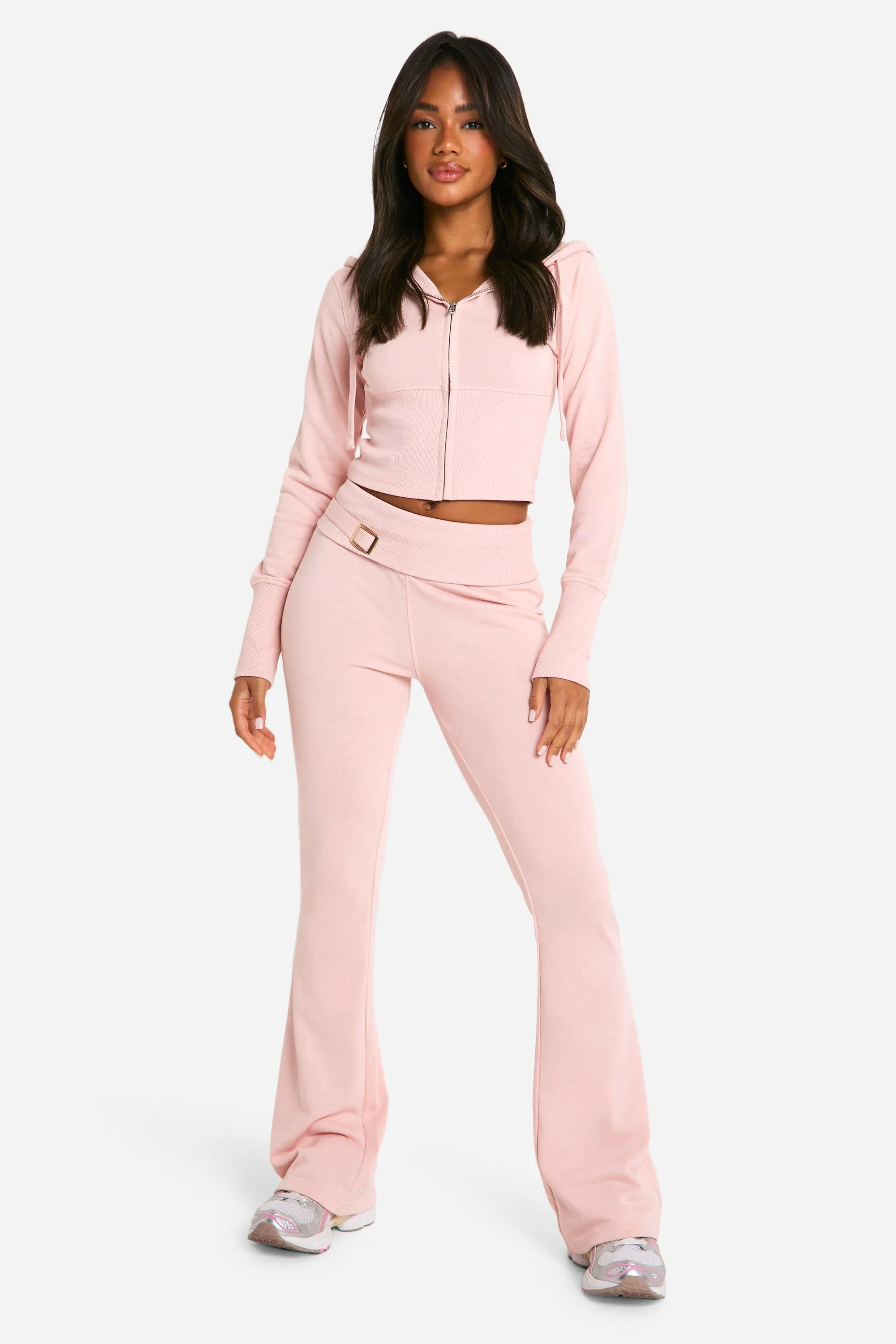 Deep Hem Shrunken Zip Through And Flared Sweatpant Tracksuit