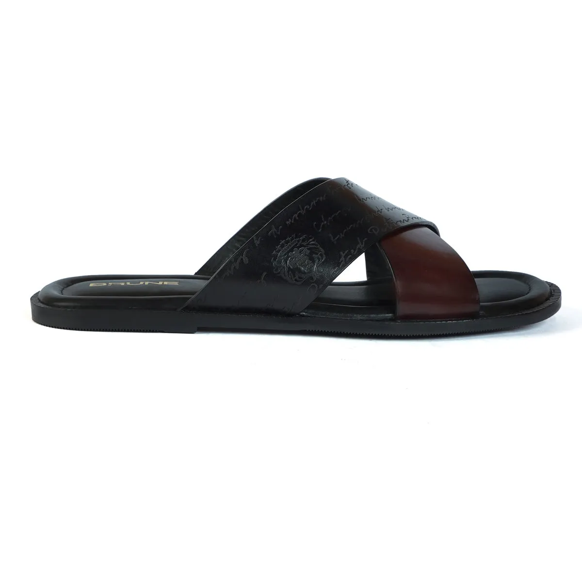 Double Strapped Welt Slide-in Slipper with Laser Engraved Crossover Black & Brown Leather