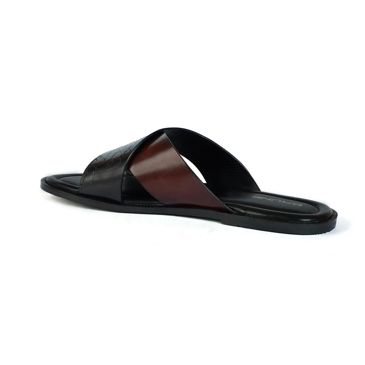 Double Strapped Welt Slide-in Slipper with Laser Engraved Crossover Black & Brown Leather