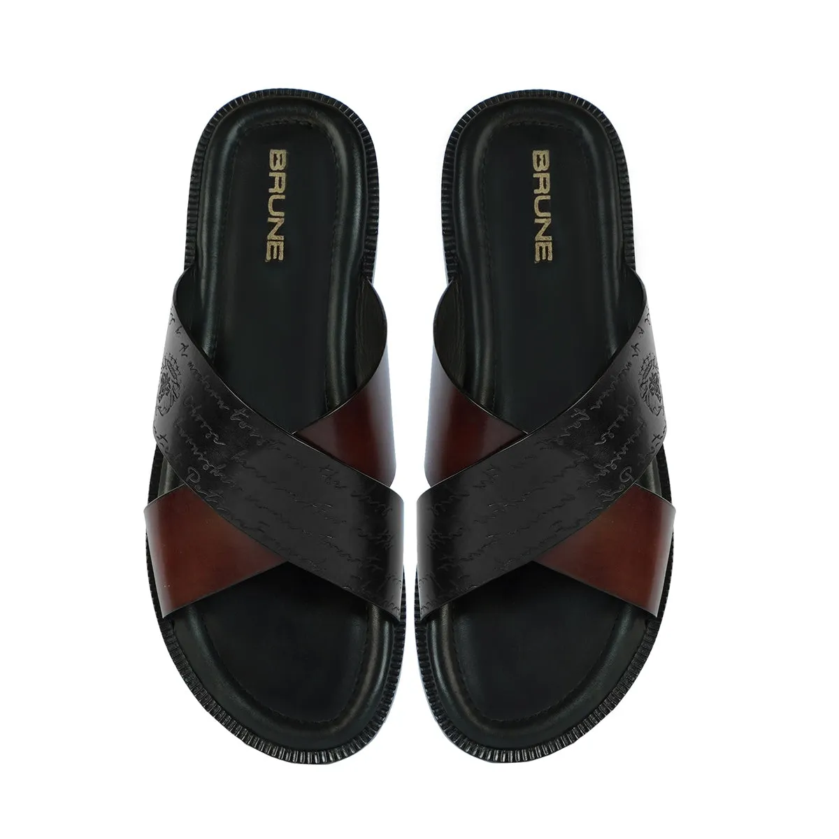 Double Strapped Welt Slide-in Slipper with Laser Engraved Crossover Black & Brown Leather