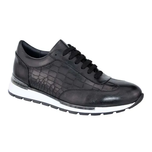 Duca Varsi Men's Black Calf Skin Leather/Croco Print Sneakers