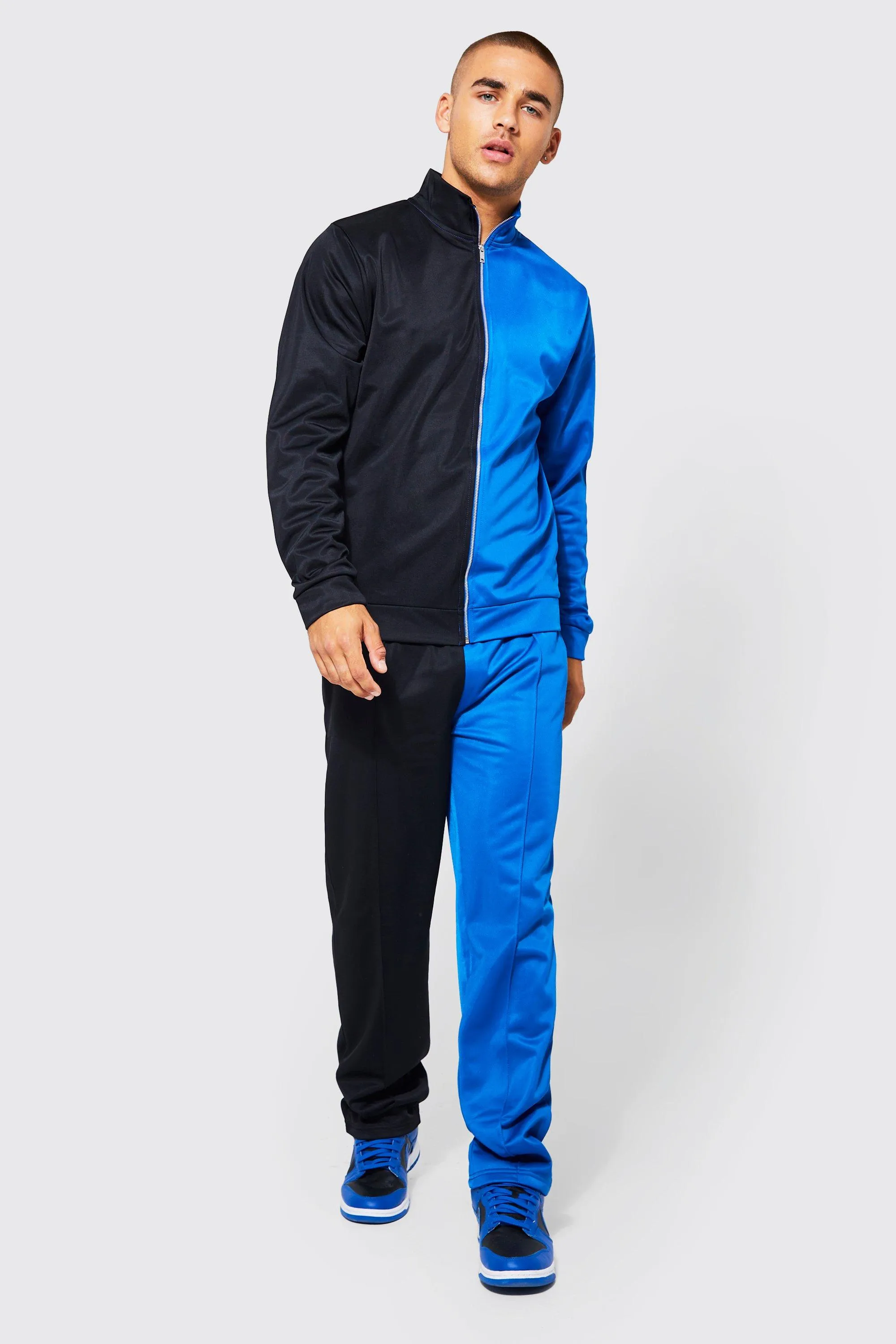 Extended Funnel Neck Tricot Spliced Tracksuit | boohooMAN UK