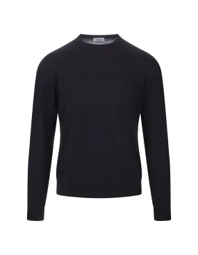 FEDELI Round Neck Pullover In Navy Blue Wool