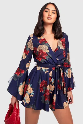 Floral Flared Sleeve Tie Waist Romper