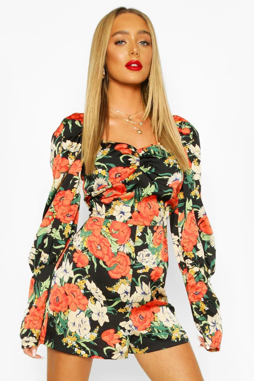 Floral Shirred Puff Sleeve Romper