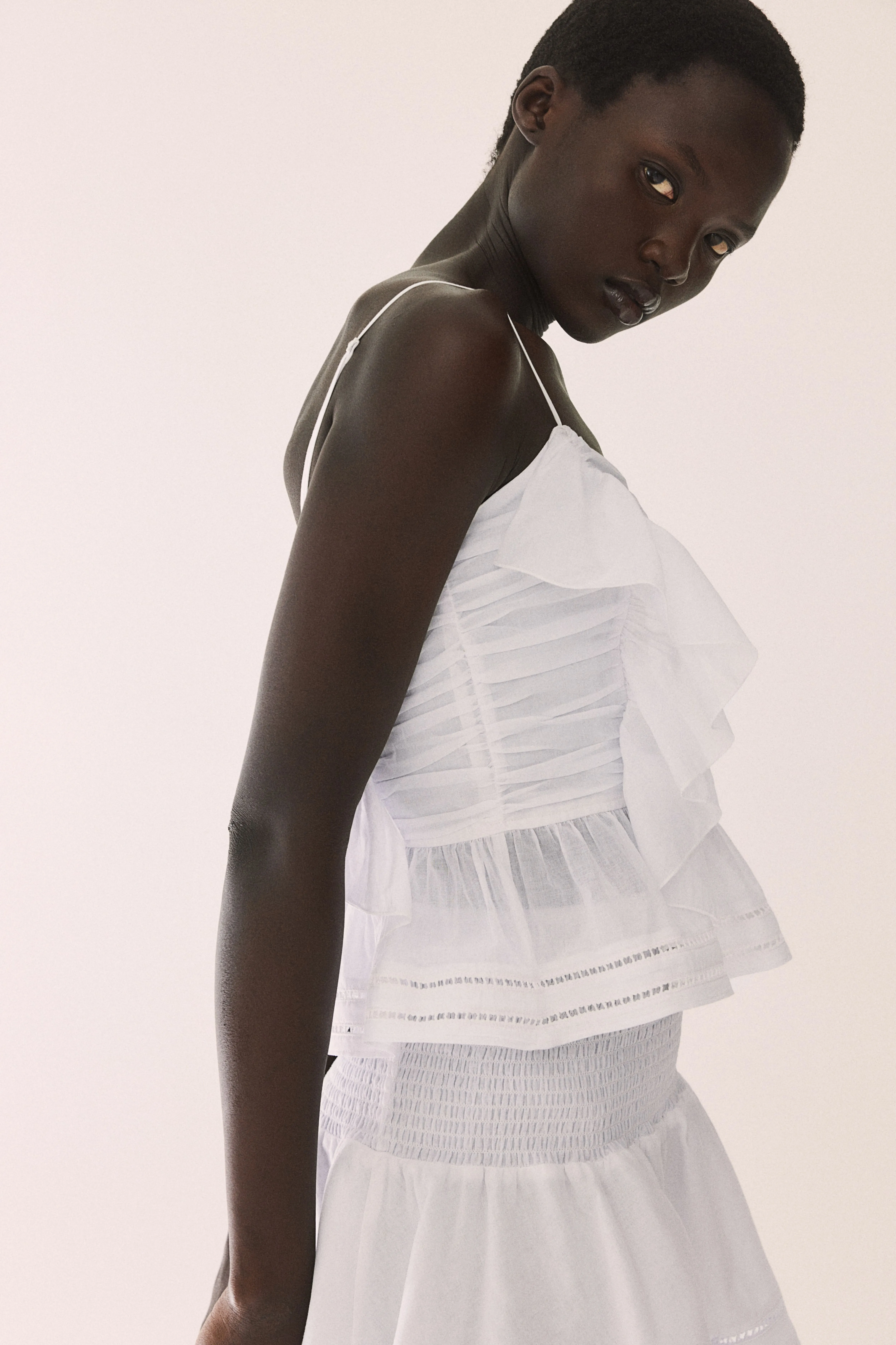 Frill-trimmed strappy top - Sweetheart neckline - Sleeveless - White - Ladies | H&M GB