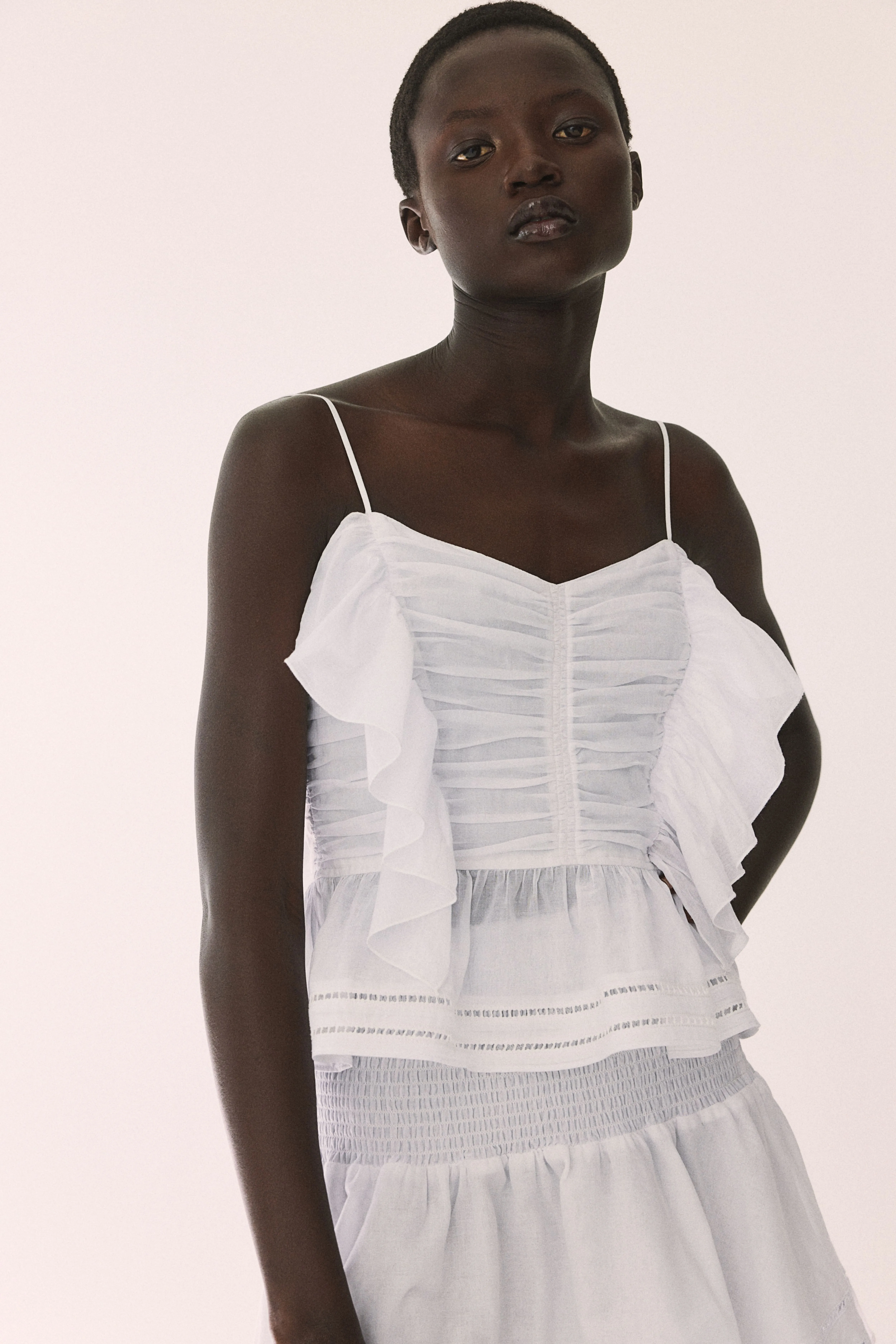 Frill-trimmed strappy top - Sweetheart neckline - Sleeveless - White - Ladies | H&M GB