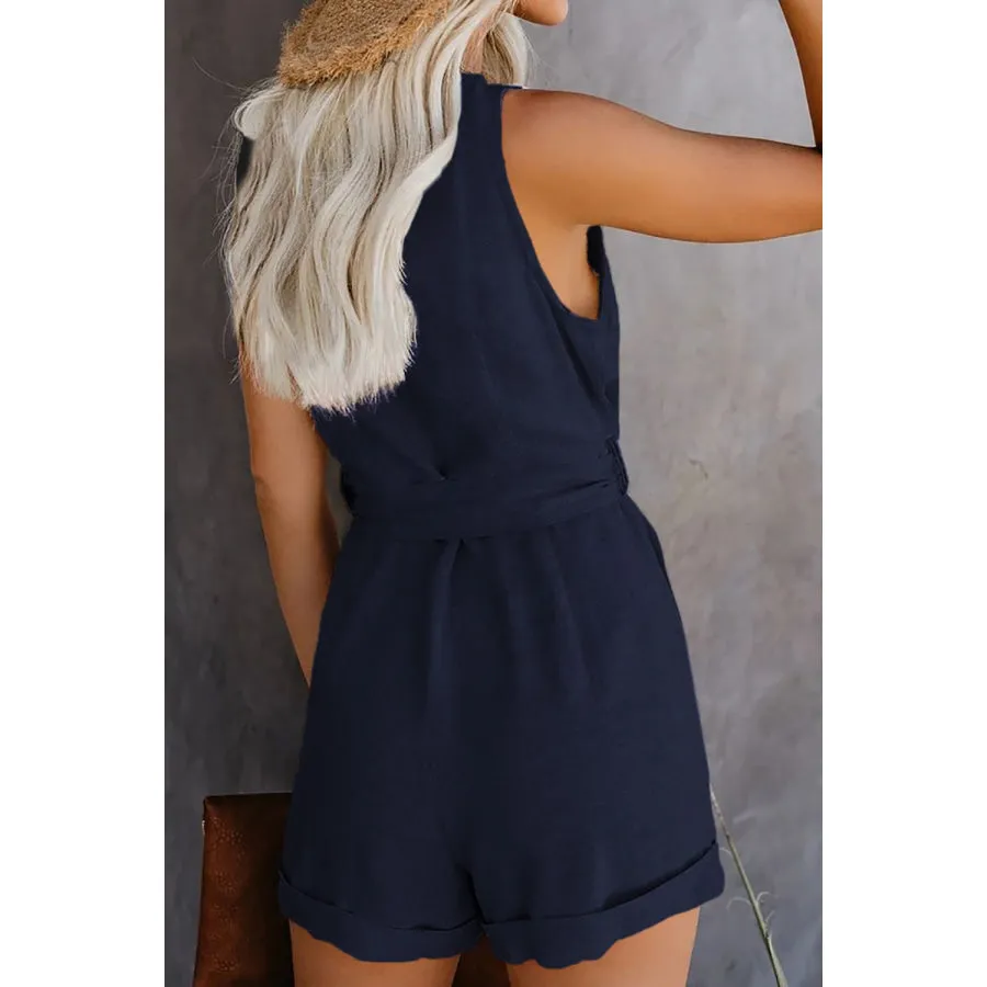 Full Size Tied V-Neck Sleeveless Romper with Pockets