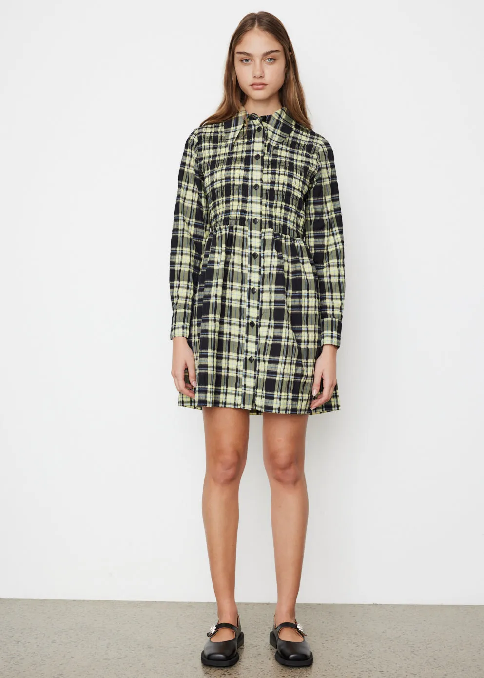 Ganni -  Seersucker Check Smock Shirt Dress - Dress