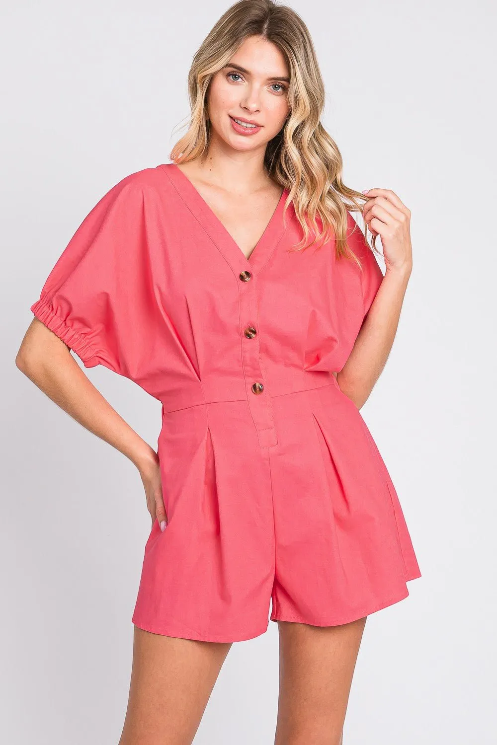 GeeGee:  Half Button V-Neck Linen Romper