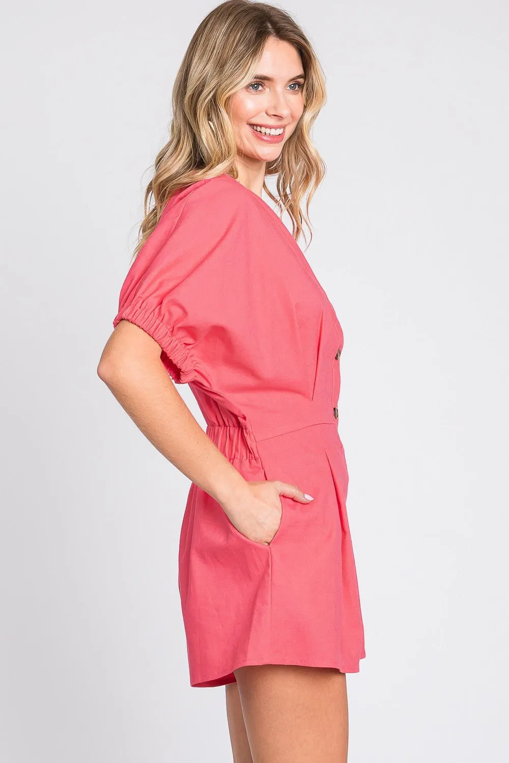 GeeGee:  Half Button V-Neck Linen Romper