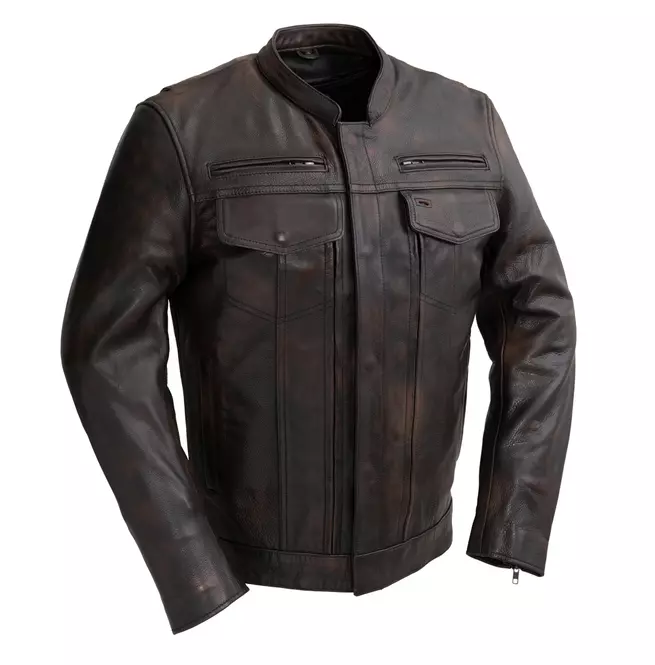 Gothic Men's Copper Brown Scooter Banded Collar Cowhide Motorcycle Jacket