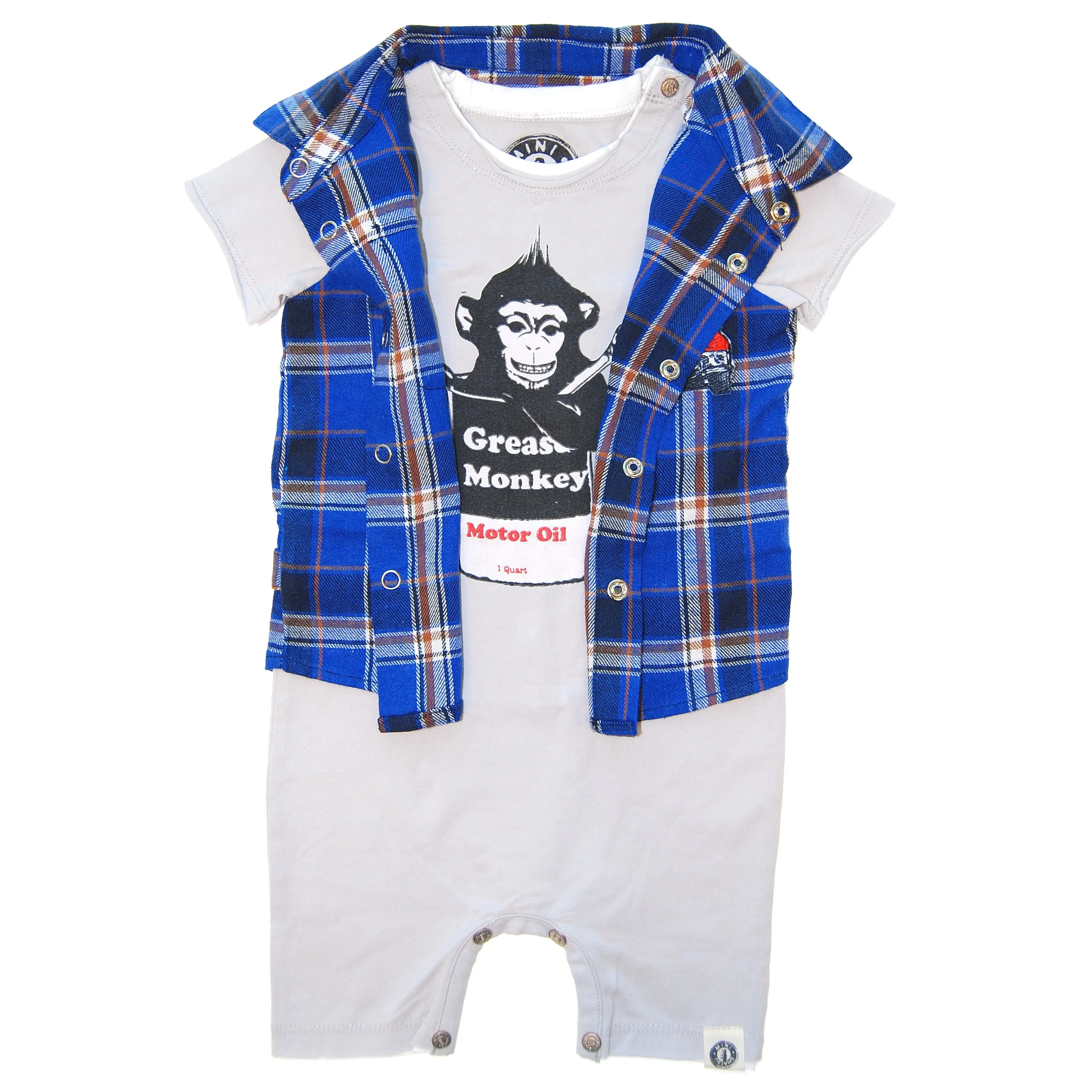 Grease Monkey Real Plaid Vest Romper by: Mini Shatsu