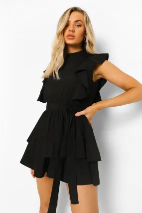 High Neck Frill Detail Belted Romper