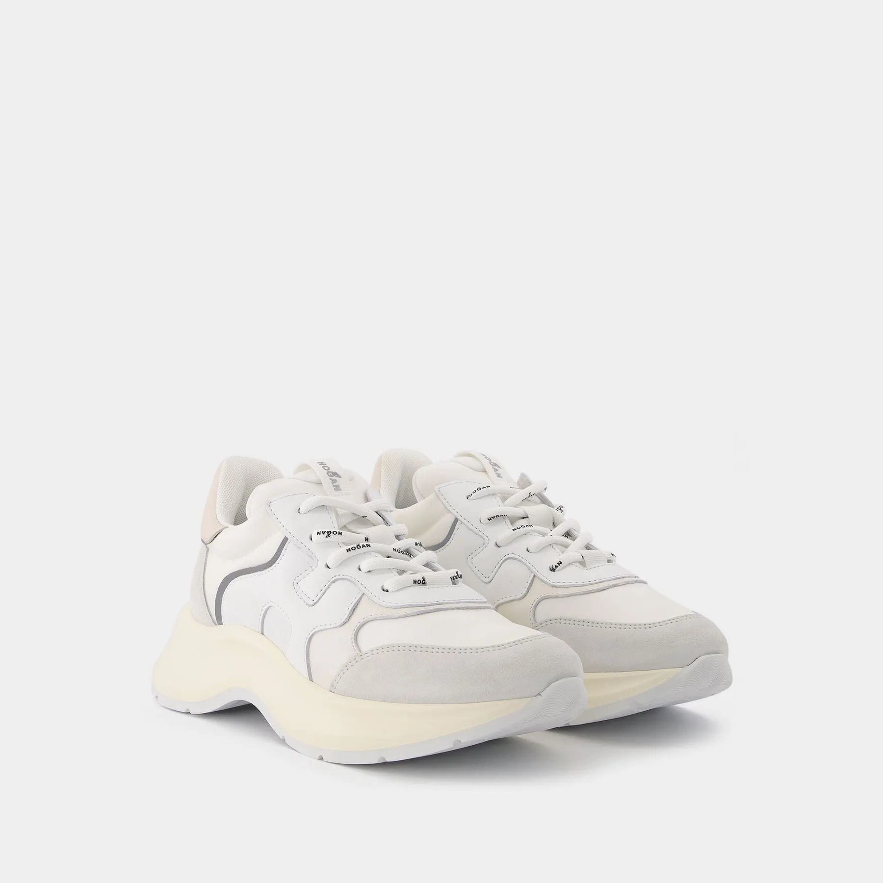 Hogan  H585 Allacciato H Onda Sneakers in White  Beige and Grey Leather