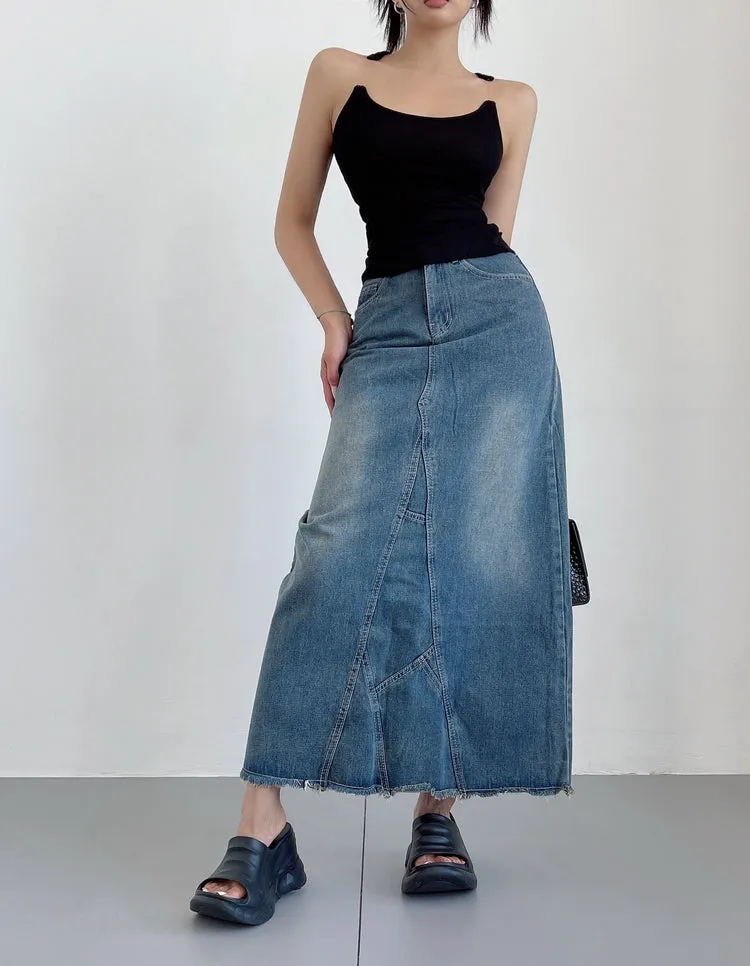 Ianna Denim Blue Retro High-rise Split Mid-Length Fishtail A-line Jeans Skirt