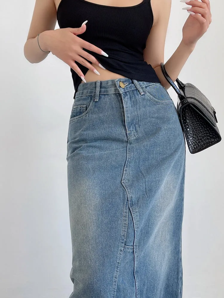 Ianna Denim Blue Retro High-rise Split Mid-Length Fishtail A-line Jeans Skirt