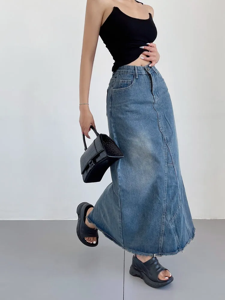 Ianna Denim Blue Retro High-rise Split Mid-Length Fishtail A-line Jeans Skirt