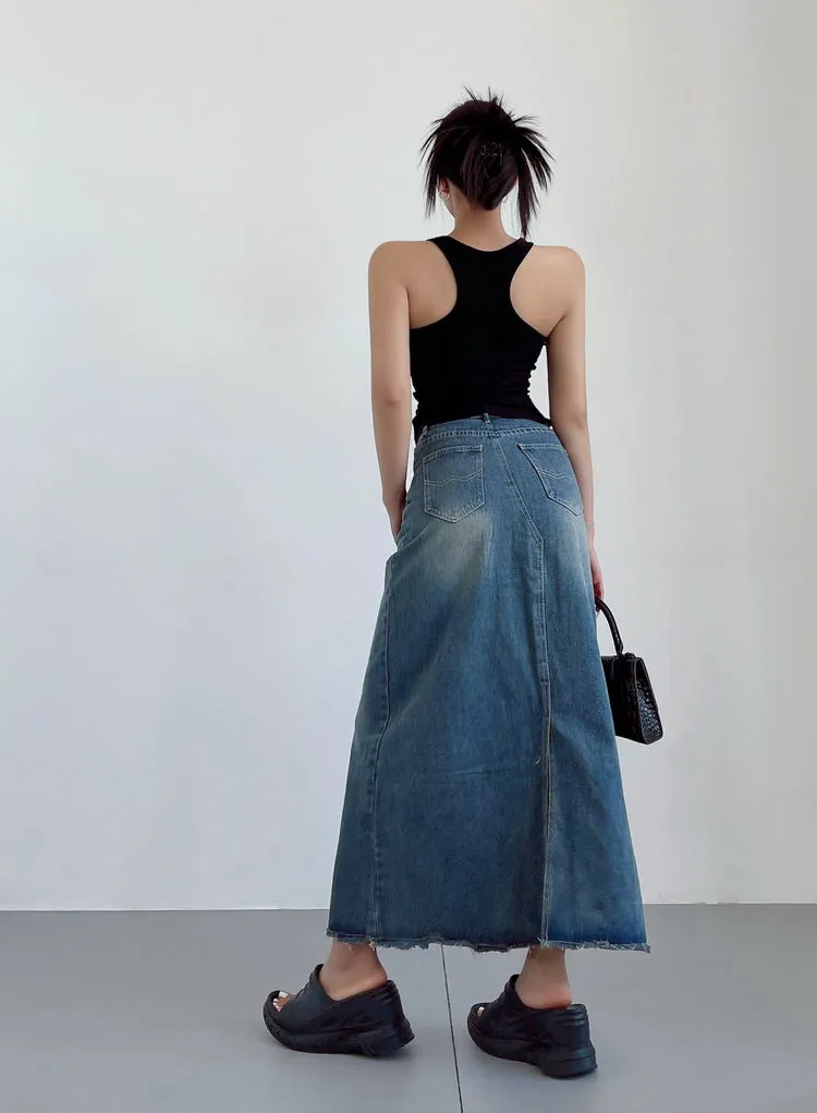 Ianna Denim Blue Retro High-rise Split Mid-Length Fishtail A-line Jeans Skirt