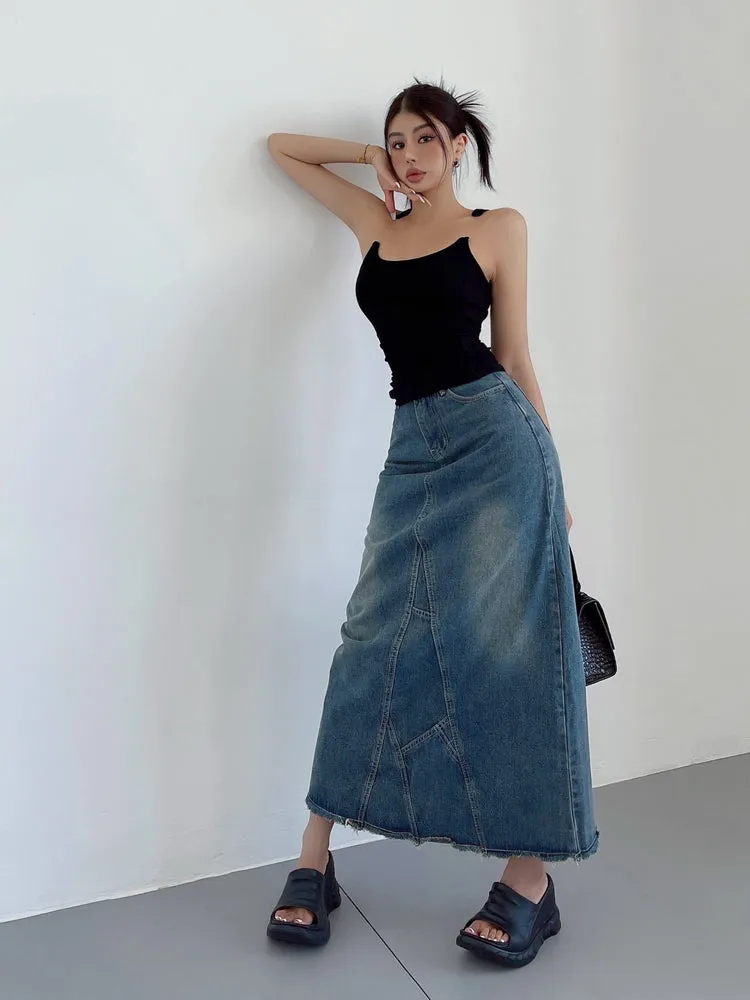 Ianna Denim Blue Retro High-rise Split Mid-Length Fishtail A-line Jeans Skirt