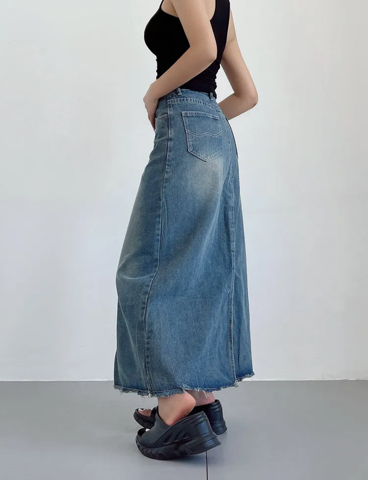 Ianna Denim Blue Retro High-rise Split Mid-Length Fishtail A-line Jeans Skirt