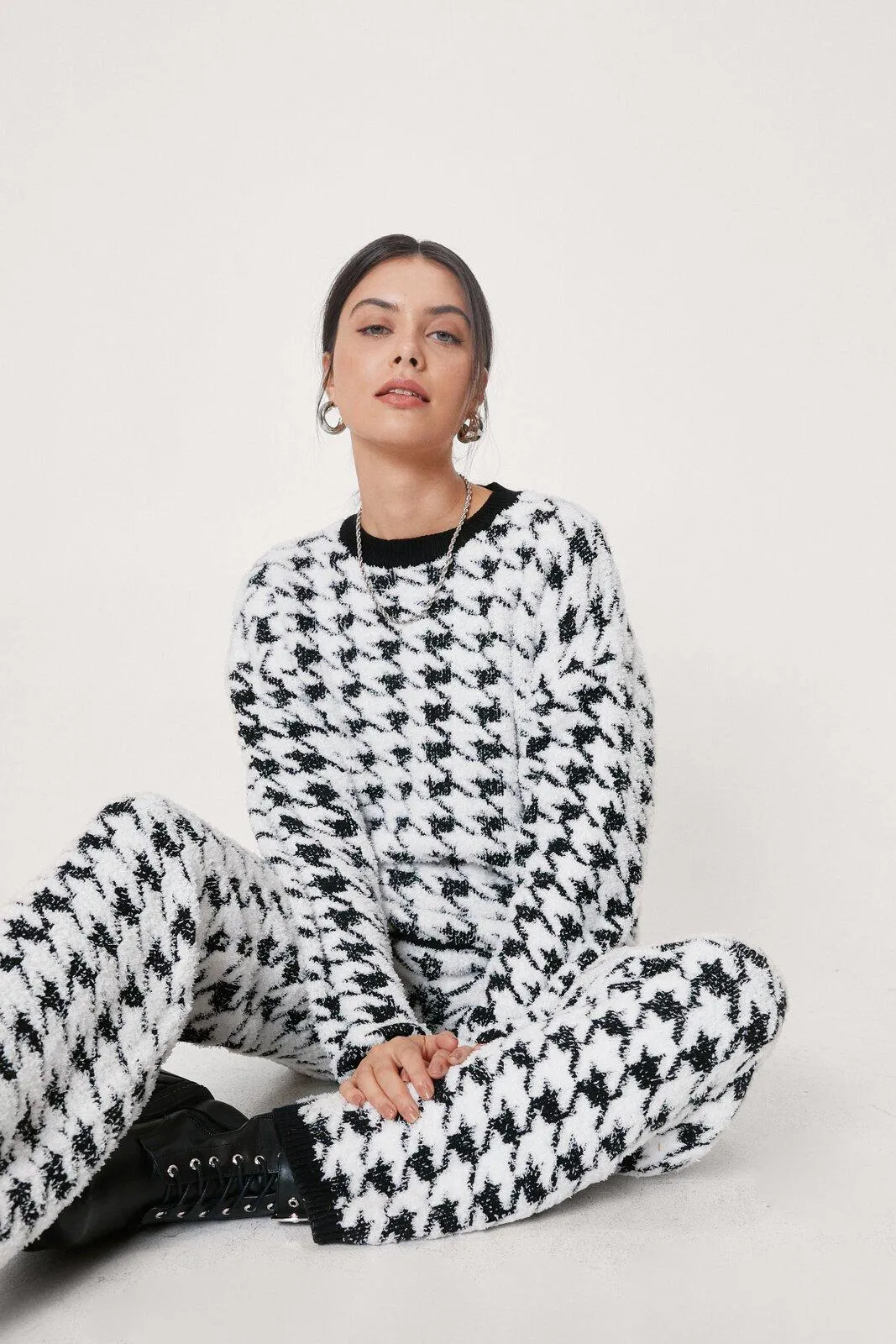 Knitted Houndstooth Jumper And Trouser Set